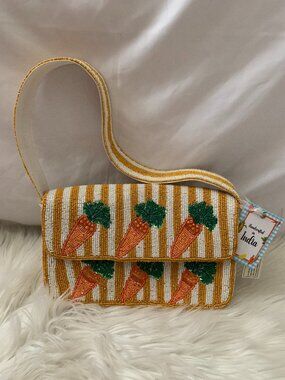 HANDCRAFTED IN INDIA Carrots Striped Seed Beaded Clutch  Bag